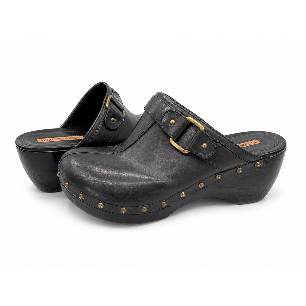 Via Spiga Black Leather Studded Clog Mules Brass Buckle Platform Wedge Shoes - Picture 3 of 5